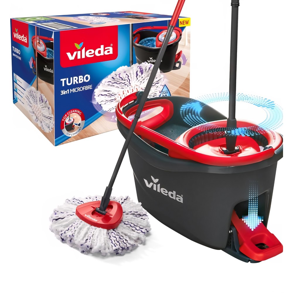 Vileda Turbo 3 az 1-ben felmosókészlet, teleszkópos nyél 85–130 cm, 360°-ban forgó fej, Power Spinner centrifugás vödör, mosható mikroszálas felmosó