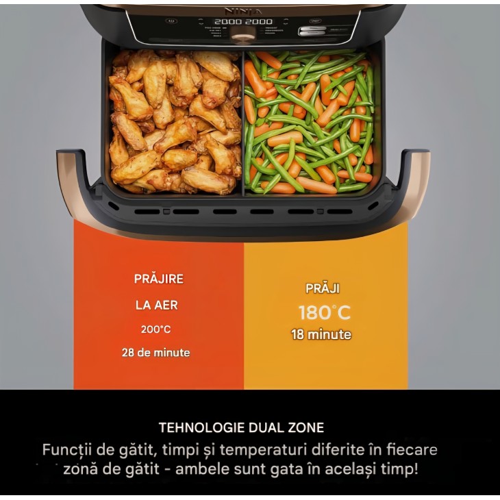 Ninja Foodi FlexDrawer Dual Zone AF500EUCP forrólevegős fritőz, 10,4 l űrtartalom, dupla zónás rekeszek kivehető elválasztóval, tapadásmentes bevonat, mosogatógépben mosható kosár, 7 funkció 1-ben, fekete és réz, szállítási idő 7-8 nap