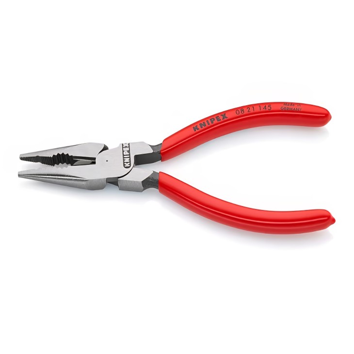 Kombinált fogó, hegyes végű, KNIPEX 08 21 145, 145 mm, fekete fosforizált felület, műanyag bevonatú nyél, precíziós munkához