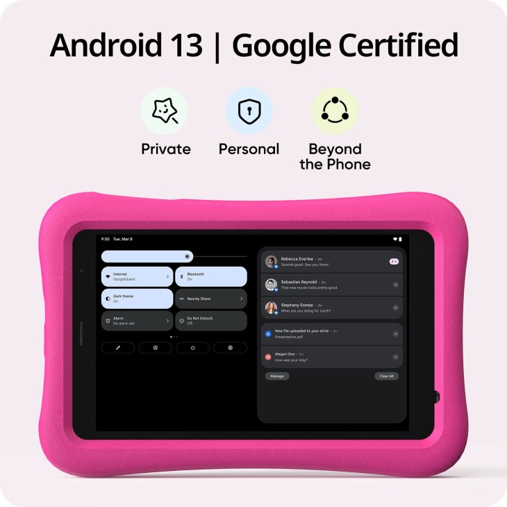 AOGO K8 gyermektáblagép, 8"-es LCD képernyő, 32 GB, 2 GB RAM, WiFi, Android 13, szülői felügyelet, játékok és oktatási tevékenységek, 5 MP kamera, rózsaszín