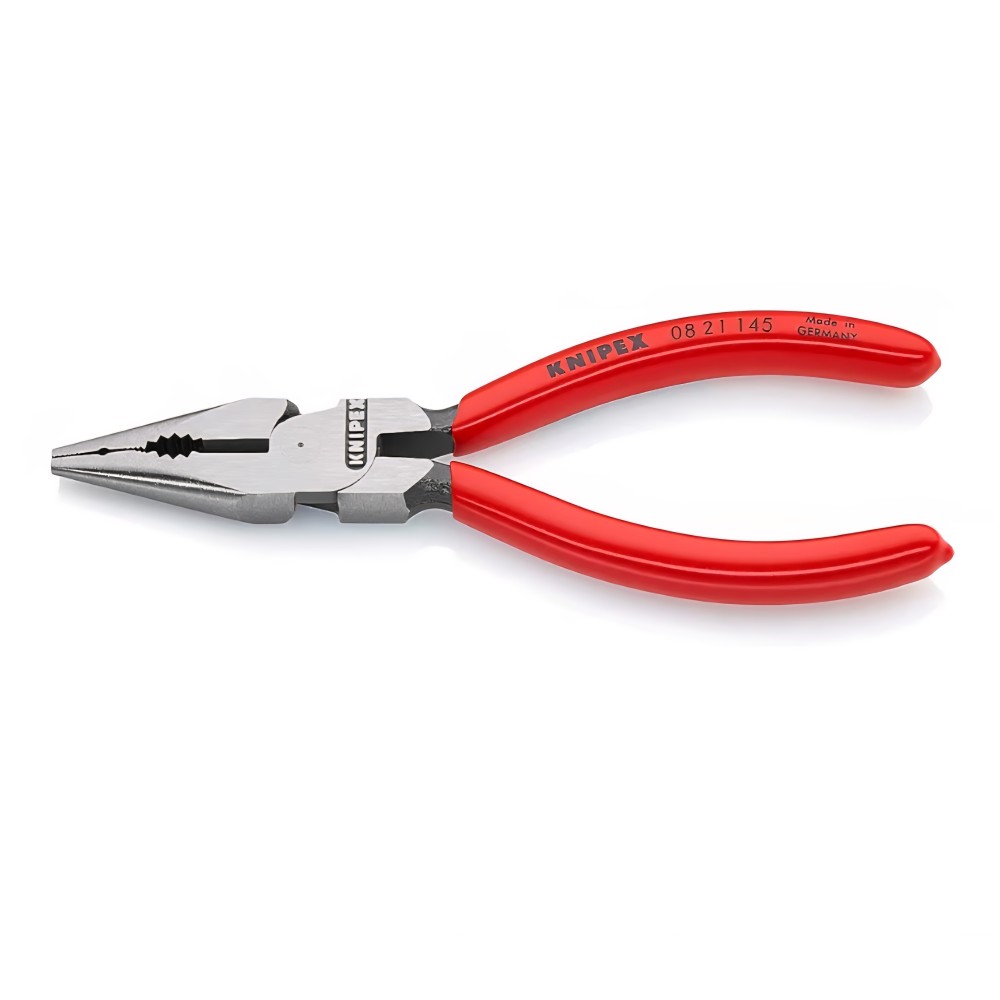 Kombinált fogó, hegyes végű, KNIPEX 08 21 145, 145 mm, fekete fosforizált felület, műanyag bevonatú nyél, precíziós munkához