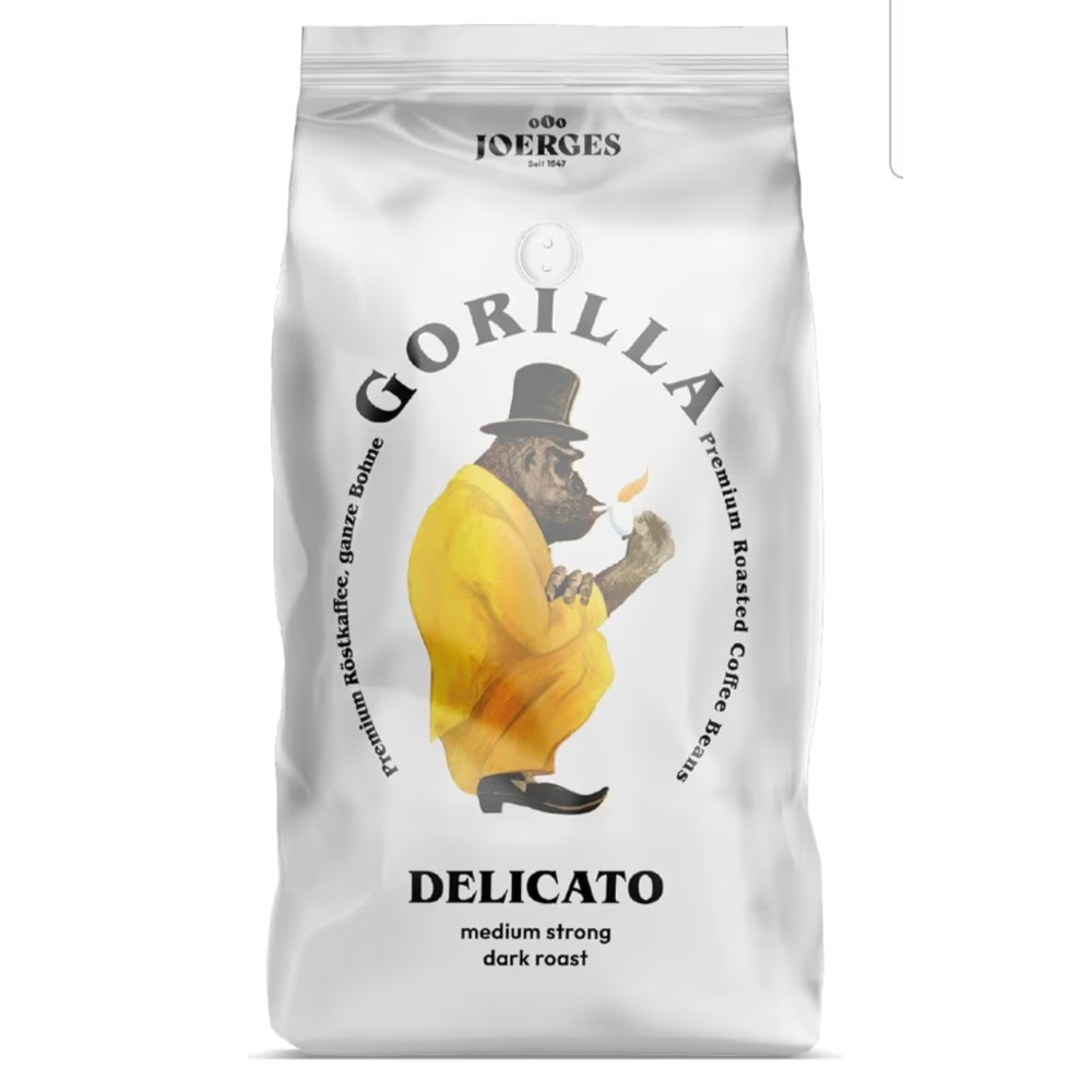 Joerges Gorilla Espresso Delicato kávébabok, 1 kg, közepes pörkölésű, finom és kiegyensúlyozott aromájú, eszpresszóhoz és kávéalapú italokhoz