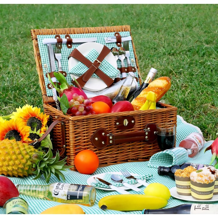 Kézzel készített fonott piknikkosár, Willow Weave GC-02, 4 személyes, szigetelt rekesszel, vízálló takaróval, komplett evőeszközkészlettel, levehető pánttal, ideális kempingezéshez, strandoláshoz, túrázáshoz, grillezéshez, családi ajándék