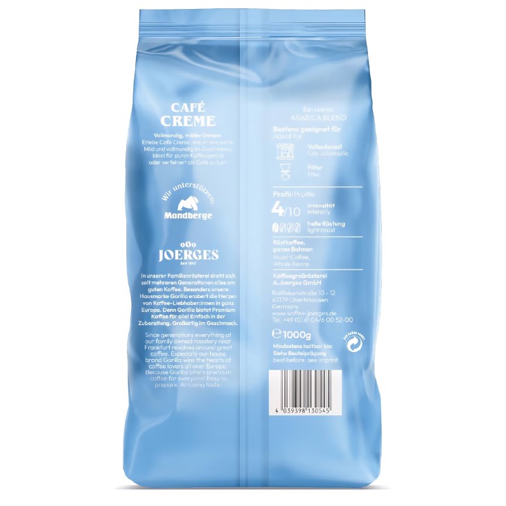 Joerges Gorilla Café Cream kávébabok, 2 x 1 kg, finom krém, kiegyensúlyozott íz, ideális eszpresszóhoz és hosszú kávéhoz