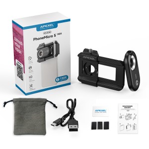 Mikroszkóp lencse, Apexel Phone Micro 5, zoom 150x, rögzítési rendszer iPhone 15, 14,13,12,11, Samsung S24/S23/S22, Huawei, Xiaomi, Oppo készülékekhez