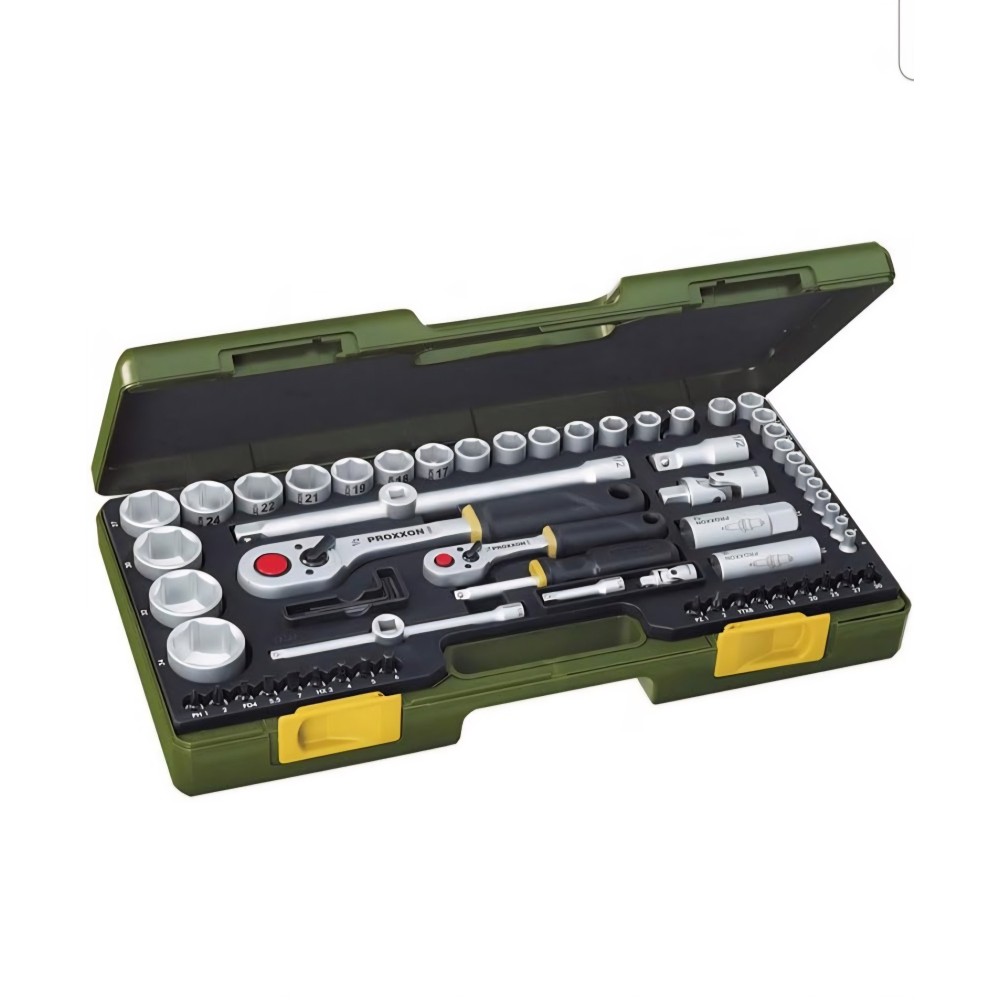 65 darabos dugókulcs készlet, Proxxon 23286, 1/4” + 1/2”, 2 racsni, bitek és tartozékok, kompakt, tartós dobozban