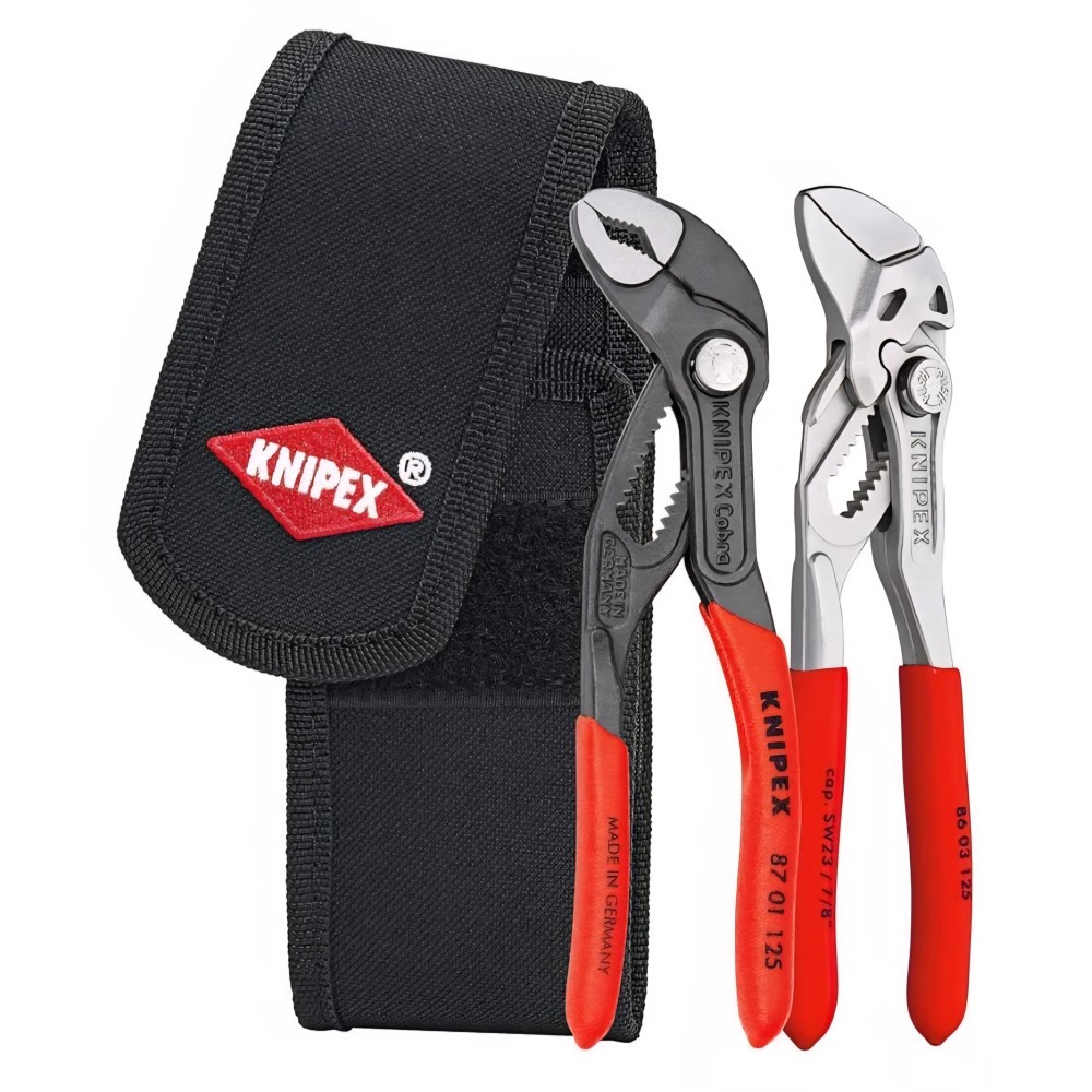 Professzionális mini fogókészlet tokban, Knipex 00 20 72 V04, 2 darab 125–160 mm, Cobra + fogókulcs, kompakt kialakítás, övtáska, edzett acél, eredeti Németország