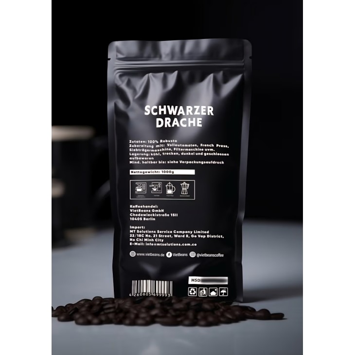 Black Dragon Espresso kávébabok 1 kg, 100% Robusta, intenzíven pörkölt, extra erős, nagyon erős és testes ízű