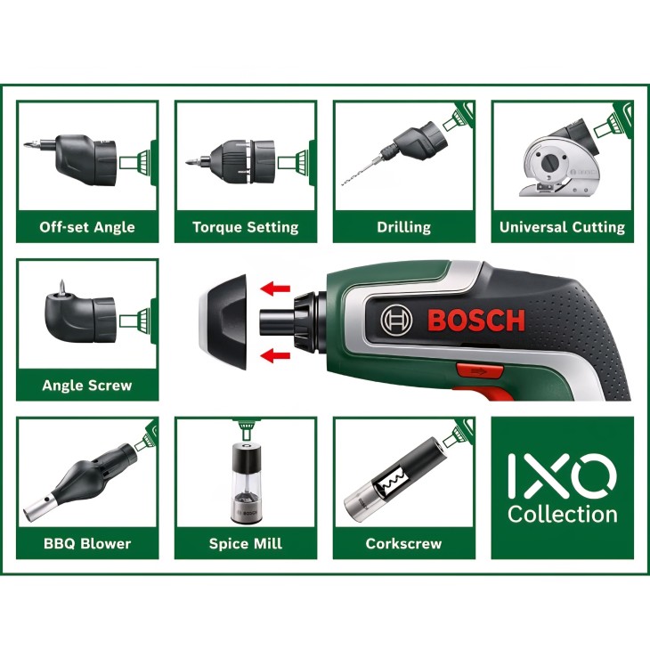 Akkus csavarozó, Bosch IXO 7, 3,6 V, 2,0 Ah, 5,5 Nm, Micro-USB kábel, ferde rögzítés, akár 190 csavarozási idő