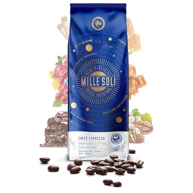 MilleSoli Caffè Espresso kávébab 1 kg, hagyományos háromszoros pörkölésű, tökéletes krémmel, alacsony savtartalommal, automata eszpresszógépekhez és portafilterekhez
