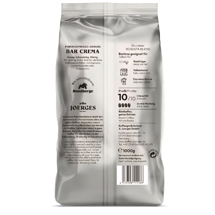 Joerges Espresso Gorilla Bar Crema kávébabok, 2 x 1 kg, sűrű krém, intenzív íz, eszpresszóhoz és tejes italokhoz