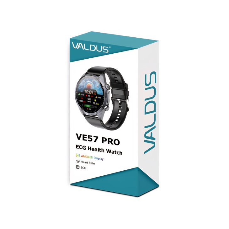 Okosóra, Valdus VE57 Pro, vérnyomás, pulzusterápia, oxigénszaturáció és glükóz monitorozás, EKG, hőmérő, alvásmonitorozás, IP68, fekete