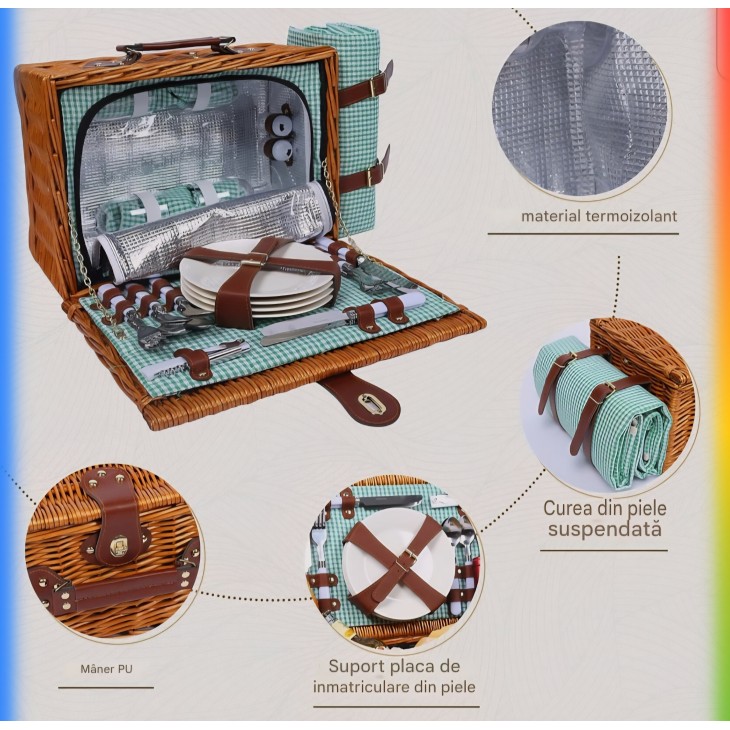 Kézzel készített fonott piknikkosár, Willow Weave GC-02, 4 személyes, szigetelt rekesszel, vízálló takaróval, komplett evőeszközkészlettel, levehető pánttal, ideális kempingezéshez, strandoláshoz, túrázáshoz, grillezéshez, családi ajándék