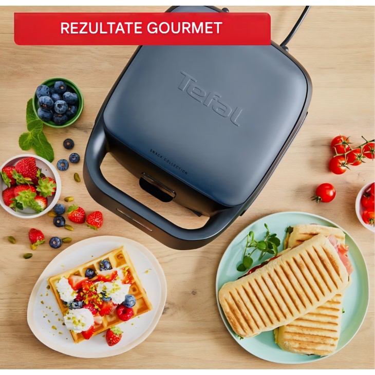 Tefal Snack Collection SW8674F0 szendvics- és gofrisütő, 700W, 2 db kivehető tányérkészlettel, tapadásmentes bevonattal, helytakarékos, receptkönyvekkel, szállítás 7-8 nap, fekete/kék