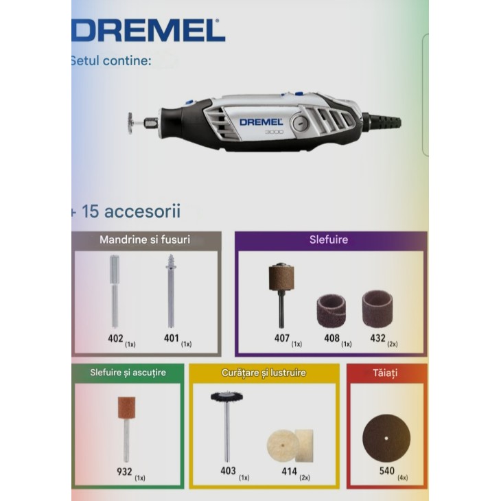 Multifunkciós körkéses szerszám, Dremel 3000, 130 W teljesítmény, 1 tartozék tartozékkal, Vágás, Csiszolás, Gravírozás és Polírozás