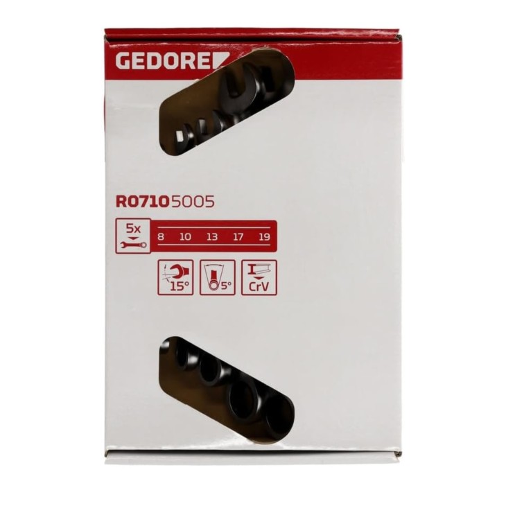 GEDORE 5 részes racsnis csillagkulcs készlet R07105005, 8–19 mm, 72 fogú mechanizmus, 15°-os szög, króm-vanádium acél, szatén krómozású