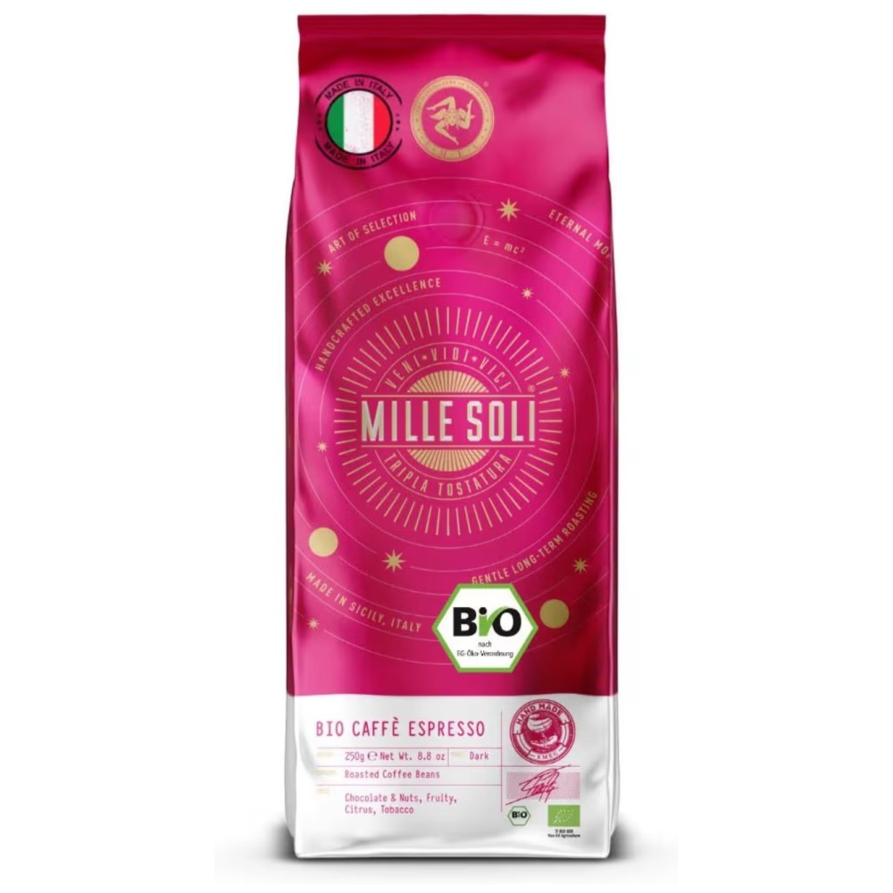 MilleSoli Bio Caffè Espresso kávébab 250 g, 100% bio, Szicíliában pörkölve, hagyományos kézműves eljárással, automata eszpresszógépekhez és portafilterekhez