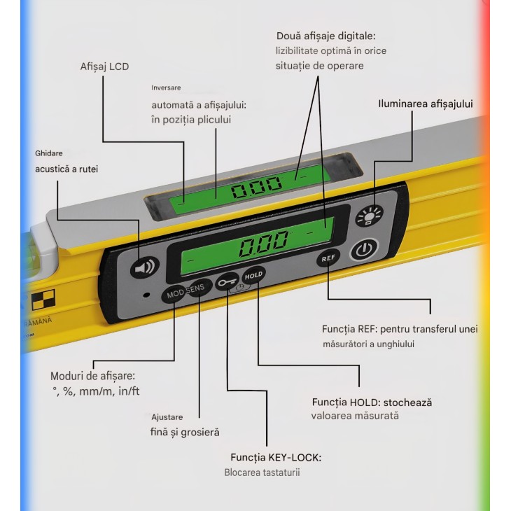 STABILA TECH 196 DL 81 cm-es digitális vízmérték, IP67 víz- és porállóság, 2 digitális kijelző, °/%/mm/m/in/ft mérés, tokban