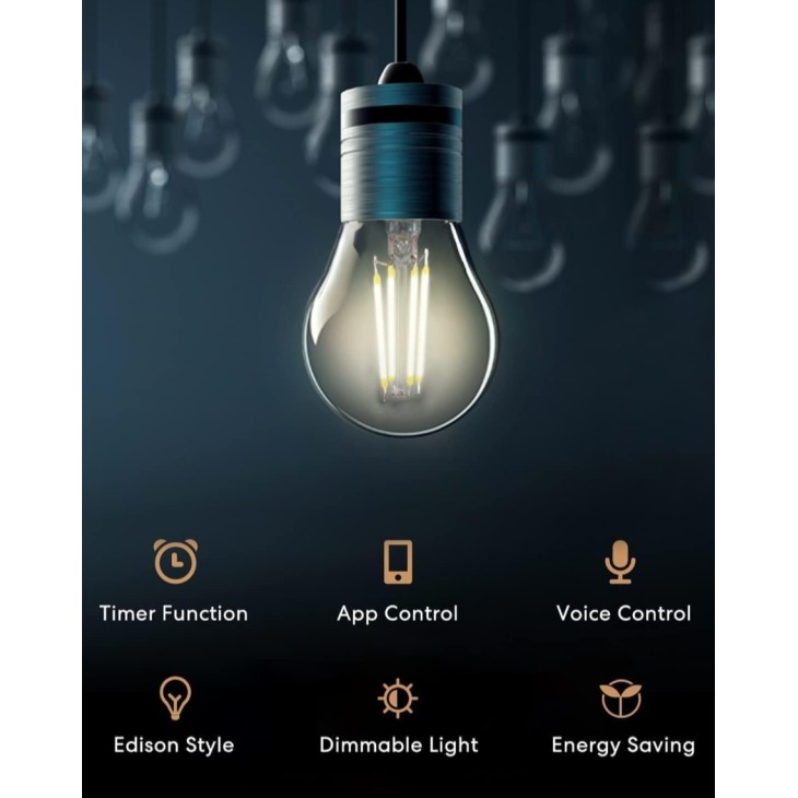 2 db-os okos LED izzó készlet, Meross Smart Edison E27, vintage, Apple HomeKit, Alexa, Google Home és SmartThings segítségével vezérelhető, fényerő-szabályozható, A fogyasztási osztály