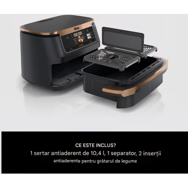 Ninja Foodi FlexDrawer Dual Zone AF500EUCP forrólevegős fritőz, 10,4 l űrtartalom, dupla zónás rekeszek kivehető elválasztóval, tapadásmentes bevonat, mosogatógépben mosható kosár, 7 funkció 1-ben, fekete és réz, szállítási idő 7-8 nap