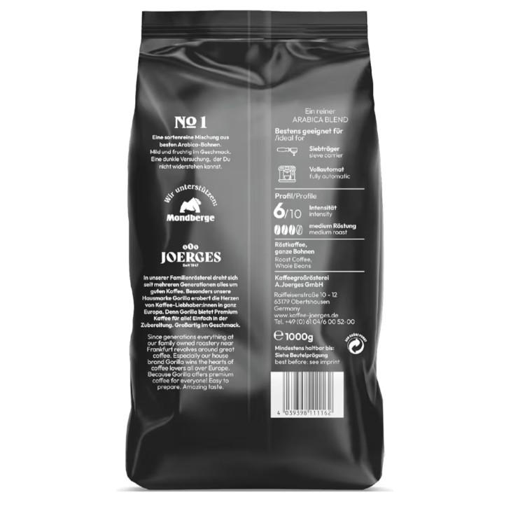 Joerges Espresso Gorilla Crema No.1 sötét pörkölésű kávébab, 1 kg, intenzív pörkölésű, sűrű krémmel, erős ízű, eszpresszóhoz és cappuccinóhoz