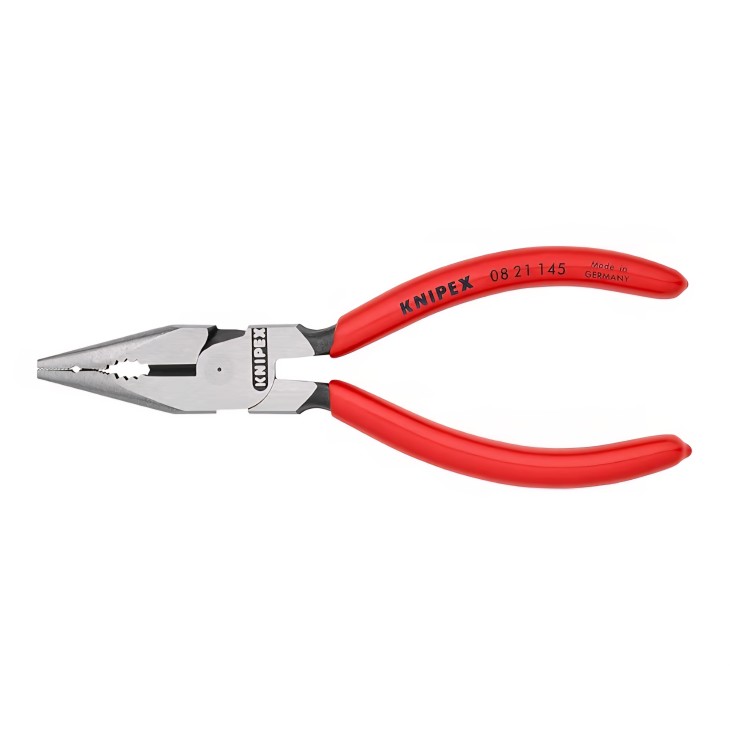 Kombinált fogó, hegyes végű, KNIPEX 08 21 145, 145 mm, fekete fosforizált felület, műanyag bevonatú nyél, precíziós munkához