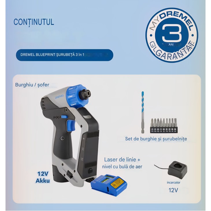 Akkus fúró és csavarhúzó, Dremel Blueprint, 12 V-os akkumulátor, vonallézer, fúró- és bitkészlet