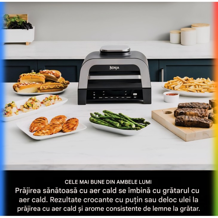 Ninja MAX DG551EU elektromos grill és forrólevegős fritőz, 6 az 1-ben, 3,8 L, beltéri használatra, 6 főzési funkció, akár 6 hamburger kapacitása, alacsony füstkibocsátás, digitális hőmérővel, szürke/ezüst, szállítási idő 7-8 nap