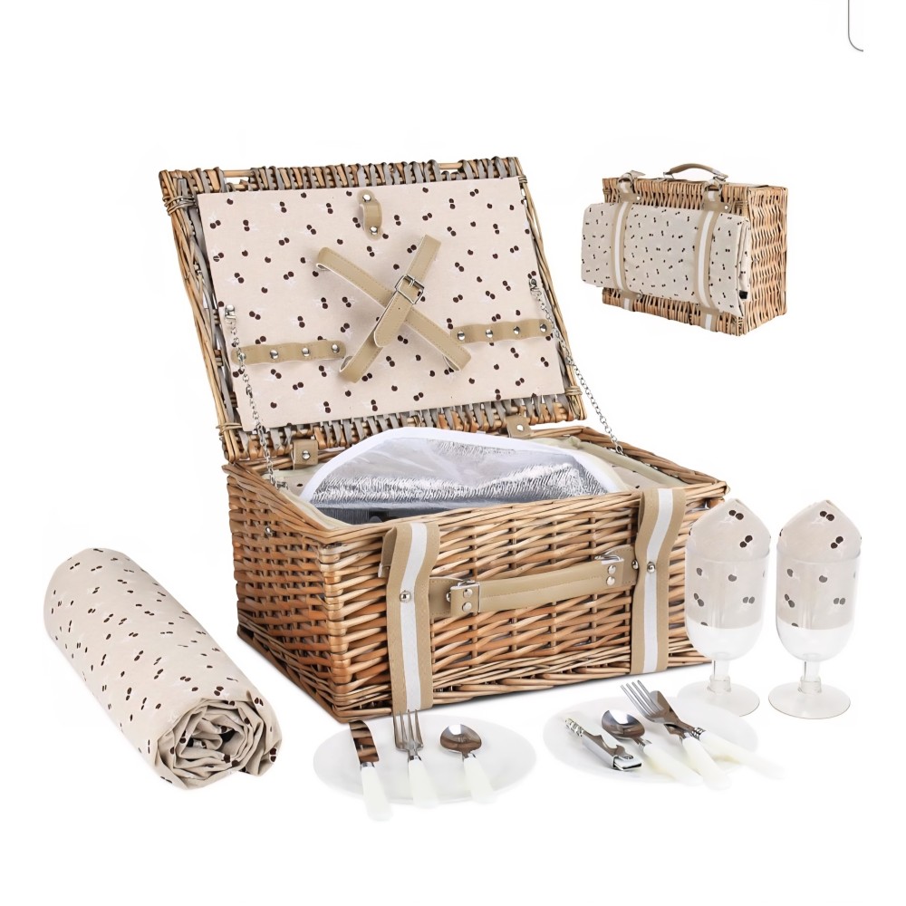 Prémium minőségű fonott piknikkosár 2 fő részére, Willow Weave CF-022, nagy hőszigetelt táska, vízálló takaró, ideális kültéri tevékenységekhez