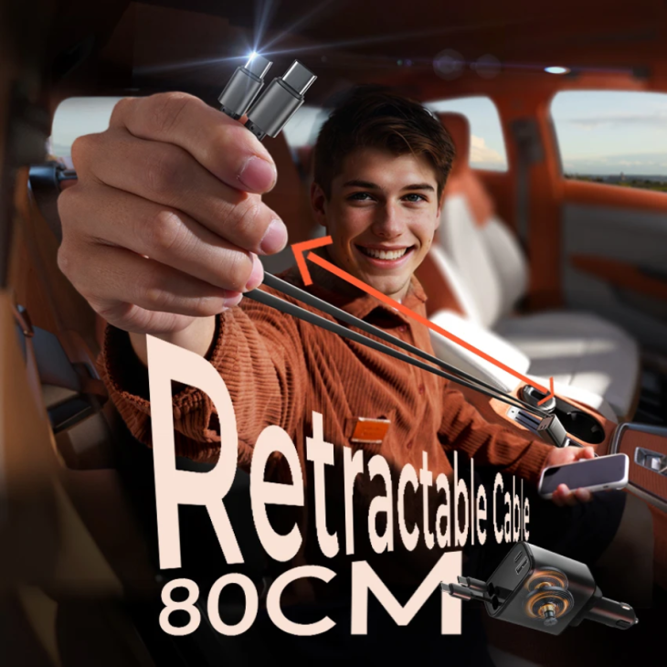 4 az 1-ben kihúzható autós töltő, LISEN LS101, 69W, integrált USB-C kábel, kettős USB-C + USB-A, gyors töltés iPhone, iPad, Macbook, Samsung készülékekhez