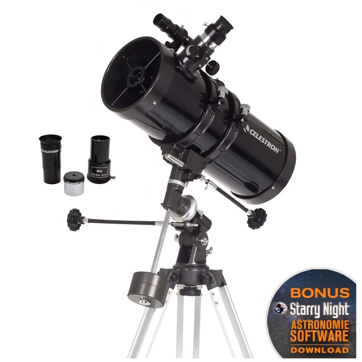 Celestron PowerSeeker 127EQ csillagászati távcső, 127 mm-es Newton-reflektor, German EQ ekvatoriális állvány, alumínium állvány, 3 db Barlow-lencse, tartozékokkal, fekete