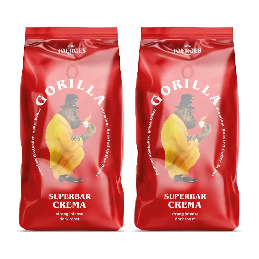 Joerges Gorilla Super Bar Crema kávébabok, 2 x 1 kg, prémium keverék, gazdag krém, intenzív aroma, eszpresszóhoz és tejes italokhoz
