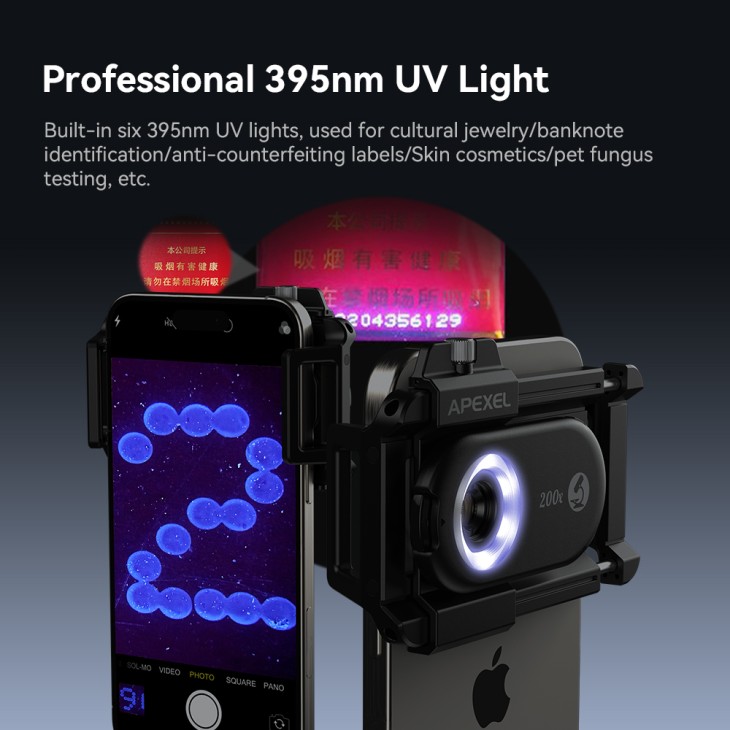 Mikroszkóp lencse, Apexel Phone Micro 5, zoom 200x, markolatrendszer iPhone 15, 14,13,12,11, Samsung S24/S23/S22, Huawei, Xiaomi, Oppo készülékekhez