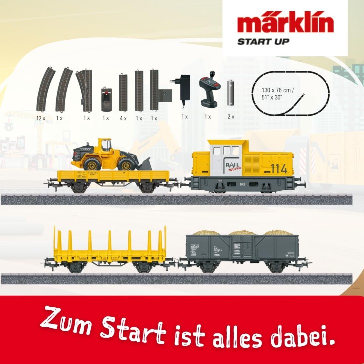 Építési helyszíni elektromos vonat kezdőkészlet, Märklin 29188 Start Up, H0 méretarány, mozdony, teherkocsi, sínek és vezérlőegység tartozék