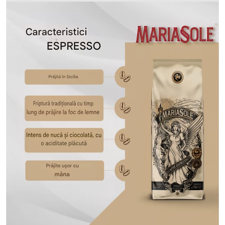 Mariasole Caffè Espresso kávébab 1 kg, hagyományos fatüzelésű pörkölés Szicíliában, prémium, eszpresszóhoz, automata kávéfőzőkkel és portafilterekkel kompatibilis