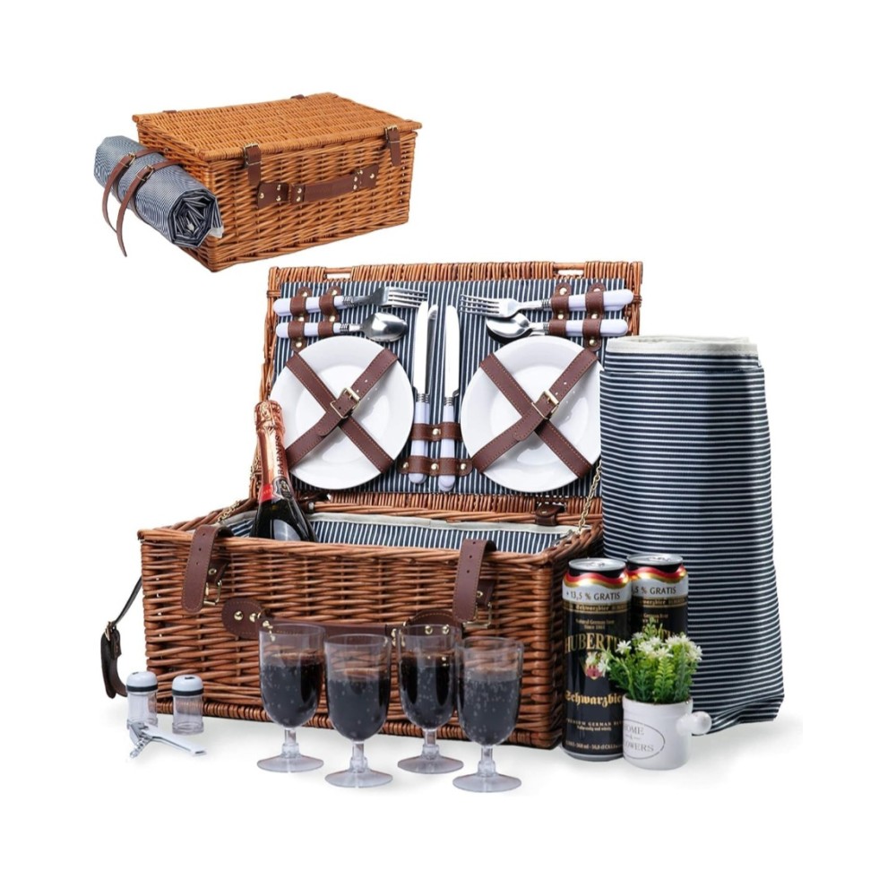 Kézzel készített fonott piknikkosár, Willow Weave GC-03, 4 személyes, szigetelt rekesszel, vízálló takaróval, evőeszközkészlettel, elegáns barna dizájn, ideális kempingezéshez és zöld fűre, kék-fehér