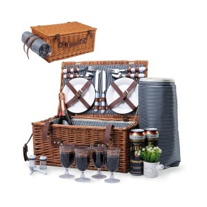 Kézzel készített fonott piknikkosár, Willow Weave GC-03, 4 személyes, szigetelt rekesszel, vízálló takaróval, evőeszközkészlettel, elegáns barna dizájn, ideális kempingezéshez és zöld fűre, kék-fehér