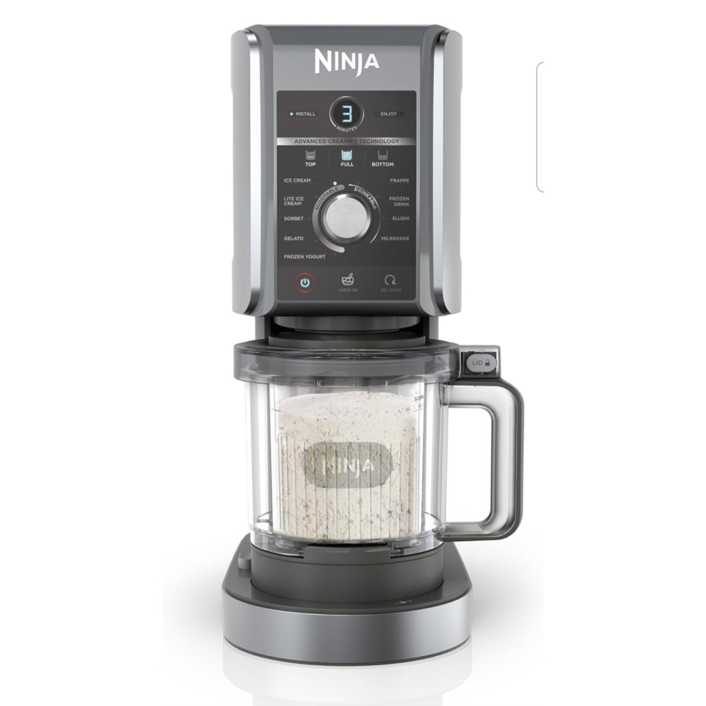 Ninja CREAMi Deluxe NC502EU fagylalt- és hidegital-készítő, 2 tartállyal, 10 funkcióval, fagylalthoz, gelatohoz, sorbethez, fagyasztott joghurthoz, turmixhoz, slushhoz és egyebekhez, 2 az 1-ben ízesítés, ezüst, szállítási idő 7-8 nap