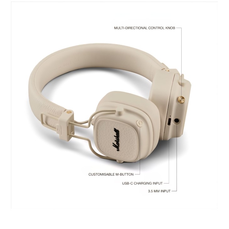 Fülre helyezhető fejhallgató Marshall Major V, vezeték nélküli, Bluetooth, 100 órás üzemidő, bézs