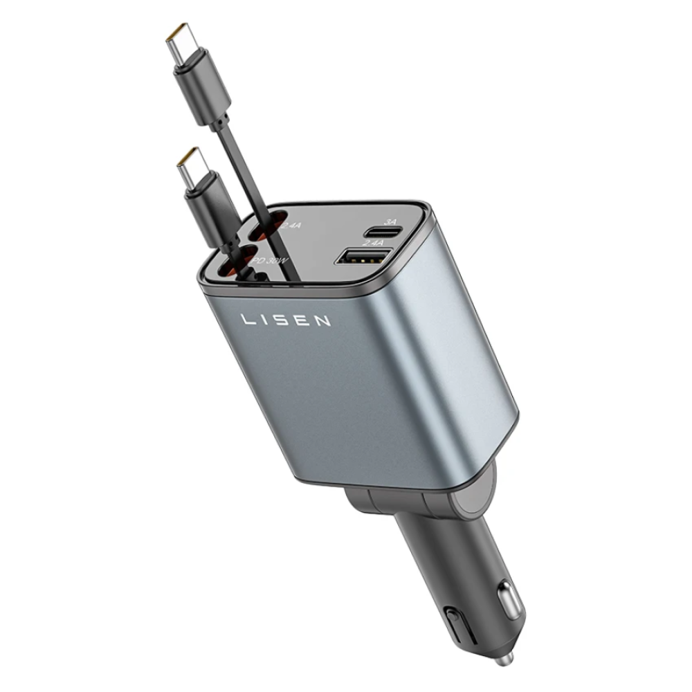 4 az 1-ben kihúzható autós töltő, LISEN LS101, 69W, integrált USB-C kábel, kettős USB-C + USB-A, gyors töltés iPhone, iPad, Macbook, Samsung készülékekhez
