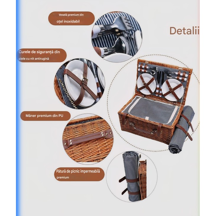 Kézzel készített fonott piknikkosár, Willow Weave GC-03, 4 személyes, szigetelt rekesszel, vízálló takaróval, evőeszközkészlettel, elegáns barna dizájn, ideális kempingezéshez és zöld fűre, kék-fehér