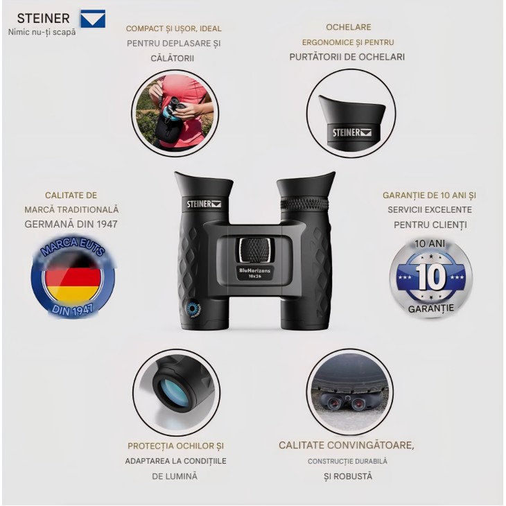 Steiner BluHorizons 10x26 távcső, egyedi lencsetechnológia, szemvédelem, kompakt és könnyű, utazáshoz, szabadtéri tevékenységekhez és sporthoz, 7-9 napos szállítás