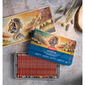 36 darabos Derwent Drawing professzionális színes ceruza készlet 2306557, fém dobozban, 5 mm-es grafittal, krémes textúrával, intenzív színekkel, művészi rajzoláshoz