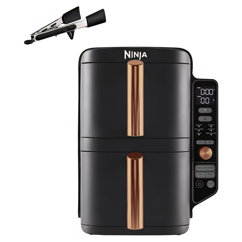Ninja Double Stack XL SL400EUCP forrólevegős fritőz, 9,5 L, 2 függőleges fiók, 4 főzési szint, kompakt kialakítás, 6 funkció, 8 adag, csipesz mellékelve, fekete/réz, szállítási idő 7-8 nap