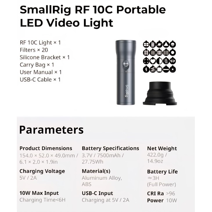 RGB LED vaku, SMALLRIG RF10C, derítőfény fotózáshoz, videózáshoz, vlogoláshoz, 7500 mAh akkumulátor, 20 fényszűrő, alumínium ház, szállítás 7-9 nap