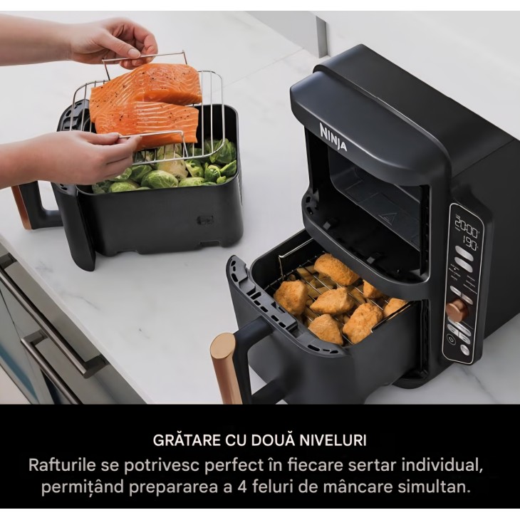 Ninja Double Stack XL SL400EUCP forrólevegős fritőz, 9,5 L, 2 függőleges fiók, 4 főzési szint, kompakt kialakítás, 6 funkció, 8 adag, csipesz mellékelve, fekete/réz, szállítási idő 7-8 nap