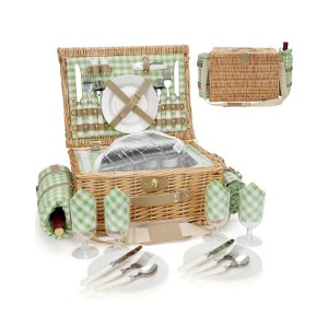 Kézzel készített fonott piknikkosár, Willow Weave GC-01, 4 személyes, szigetelt rekesszel, vállpánttal és vízálló takaróval, kempingezéshez, parkba, természetjáráshoz