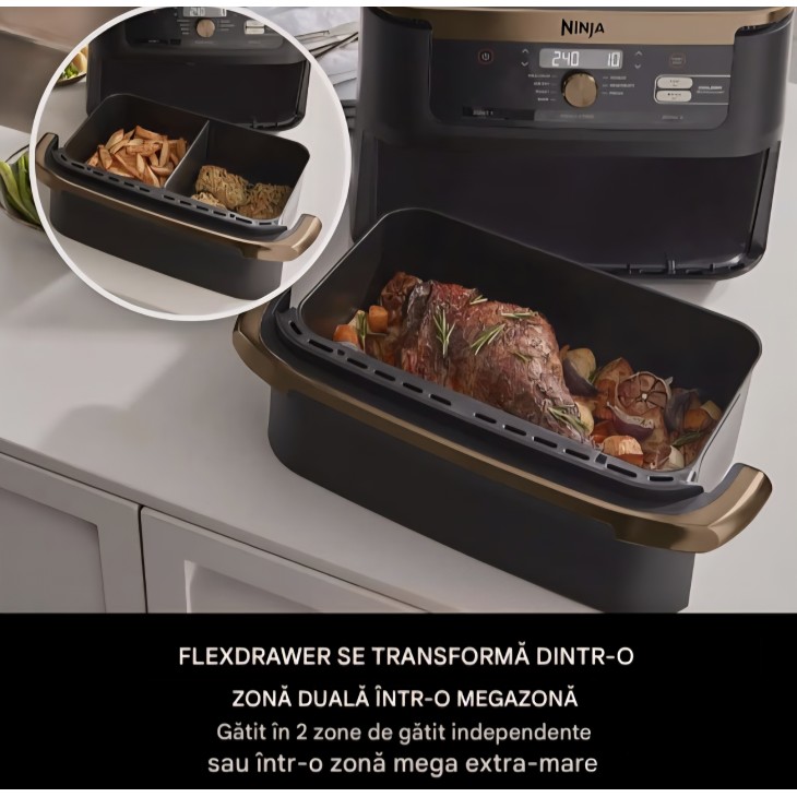 Ninja Foodi FlexDrawer Dual Zone AF500EUCP forrólevegős fritőz, 10,4 l űrtartalom, dupla zónás rekeszek kivehető elválasztóval, tapadásmentes bevonat, mosogatógépben mosható kosár, 7 funkció 1-ben, fekete és réz, szállítási idő 7-8 nap