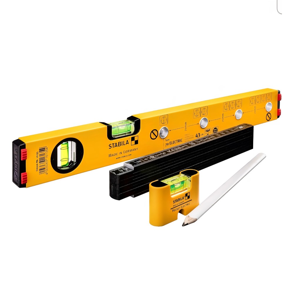 STABILA Electric Set villanyszerelő készlet, 43 cm-es vízmérték + 7 cm-es mini vízmérték + 2 m-es összecsukható mérőszalag + ceruza, komplett profi készlet