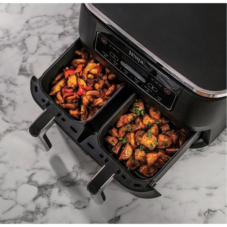 Ninja AF300EU kétzónás forrólevegős fritőz, 2470 W, 7,6 literes űrtartalom, 2 független rekesz, 6 főzési funkció, akár 65%-os energiamegtakarítás, fekete/szürke, szállítási idő 7-8 nap